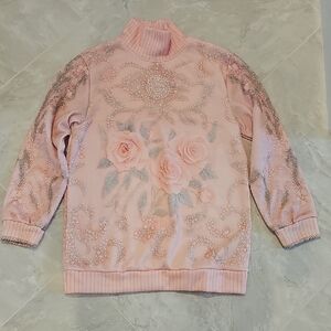 Elegant Pink Floral Turtleneck Sweater